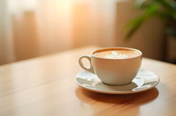 Obraz premium Latte art in a white cup on wooden table with morning light