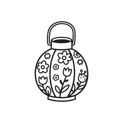 Round Lantern with Floral Patterns and Handle Silhouette on white Background.