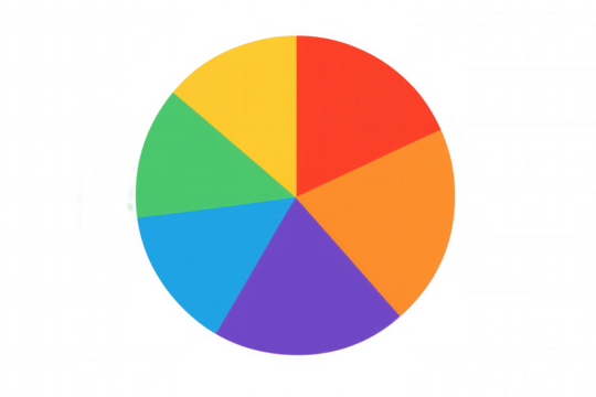 Colorful six-segment pie chart displaying data distribution, floating on transparent backdrop, supporting professional business visualization and analysis