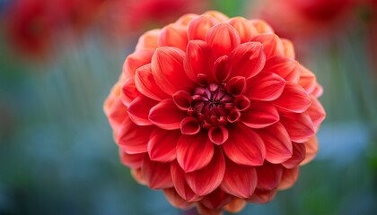 A Vibrant Red Dahlia Flower In Full Bloom Captured With A Shallow Depth Of Field