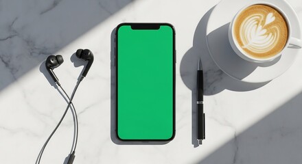 Black smartphone with green screen on marble surface, surrounded by earbuds, coffee cup, and pen, modern lifestyle mockup photography