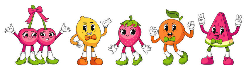 Funky 70s retro cartoon characters fruit mascots with faces. Cute comic orange, lemon, cherry, strawberry, watermelon vector set