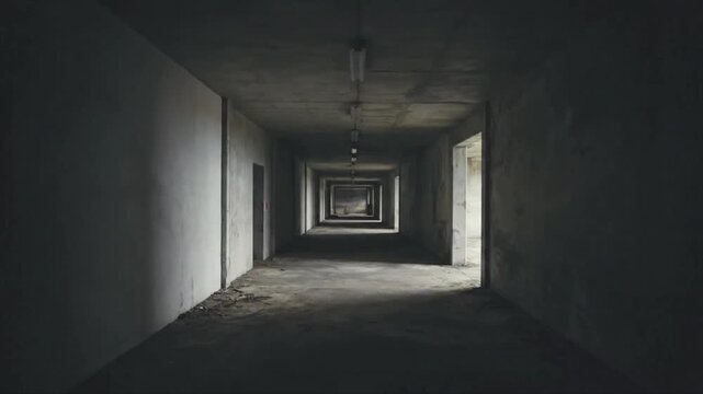 Dimly lit corridor with repeating vanishing point. Suitable for mystery, suspense, or infinite concept themes in design projects.