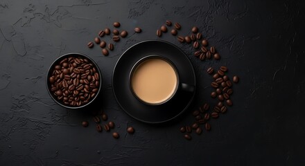 Dark Coffee Cup with Coffee Beans on Dark Background.
