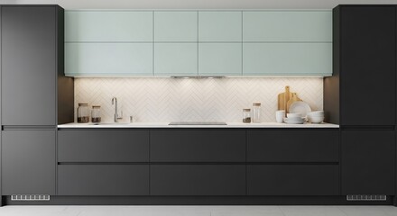Contemporary kitchen with charcoal and mint cabinets, centered interior photography for premium home design stock