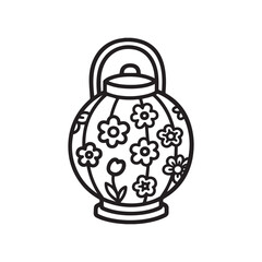 Round Lantern with Floral Patterns and Handle Silhouette on white Background.