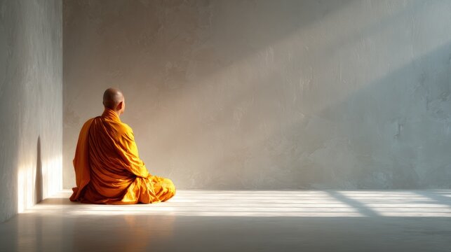 Buddhist Monk Meditating in Saffron Robe in Minimalist Interior with Soft Natural Light