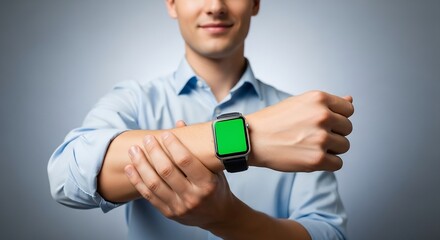 Confident young man in light blue shirt holding smartwatch with vivid green screen, neutral studio background, product mockup photography for modern branding visuals