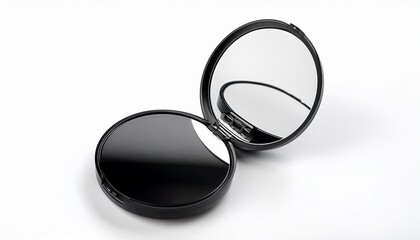 A Sleek Round Black Compact Mirror Opened To Show Two Reflective Surfaces On A White Background