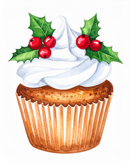 Watercolor painting of tasty Christmas cupcake with white icing, holly berries. Sweet festive food.