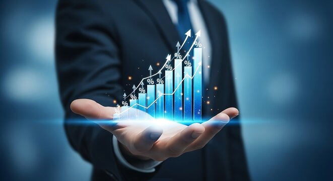Businessman holding a glowing 3d graph showing financial growth and investment success