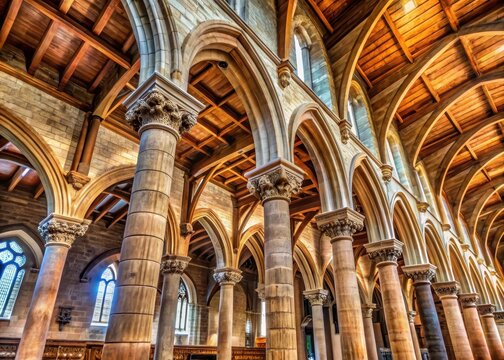 Ancient stone pillars supporting ornate wooden beams in the dome of a historic church - Powered by Adobe