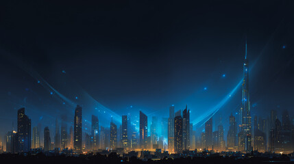 Fototapeta premium Night lights, a city of modern business and smart digital innovation with a network of interconnected rewards over the cityscape of the future smart wireless digital city and social media network that
