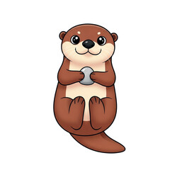 Cute cartoon otter holding a round stone.