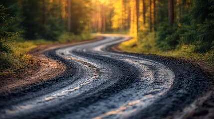 Fototapeta premium Winding dirt road through a sunlit forest