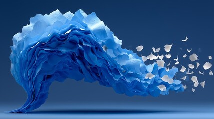 Abstract Blue Paper Wave with White Flying Petals, Multi-Depth Layered Paper Art Texture, Modern 3D Background for Creative Design and Illustration