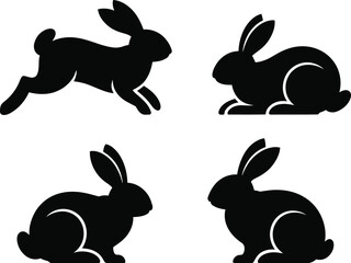 Obraz premium A set of four black bunny silhouettes, two in midleap and two seated, creating a minimalist and elegant composition on a neutral background