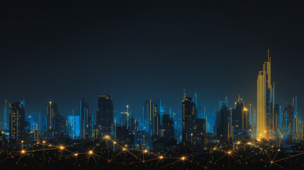 Obraz premium Night lights, a city of modern business and smart digital innovation with a network of interconnected rewards over the cityscape of the future smart wireless digital city and social media network 