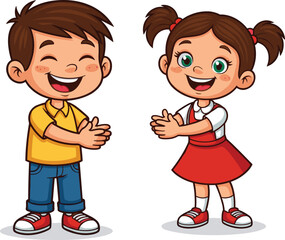 Happy cartoon boy and girl clapping hands, cheerful kids in school uniform, cute children celebrating, joyful expression, isolated white background