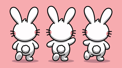 Fototapeta premium Three adorable cartoon bunnies standing sidebyside on a pink background, isolated on white background, creating a whimsical and playful composition