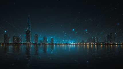 Night lights, a city of modern business and smart digital innovation with a network of interconnected rewards over the cityscape of the future smart wireless digital city and social media network 