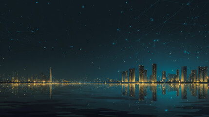 Night lights, a city of modern business and smart digital innovation with a network of interconnected rewards over the cityscape of the future smart wireless digital city and social media network 