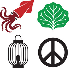 Four graphic element featuring a red squid a green leaf a lantern and a black peace symbol
