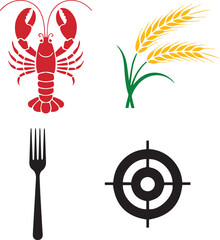 A graphic composition featuring four unique visual elements: a lobster wheat stalks a fork and a target.