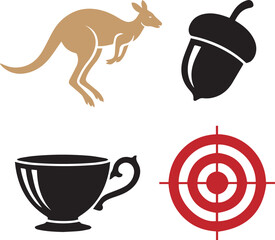 Set of four diverse elements including kangaroo acorn teacup and target isolated on a white background.
