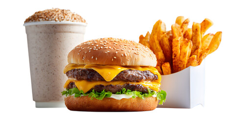 Delicious double cheeseburger meal with fries and milkshake