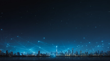Night lights, a city of modern business and smart digital innovation with a network of interconnected rewards over the cityscape of the future smart wireless digital city and social media network 