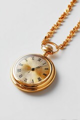 Gold pocket watch on a chain.  A gold-toned pocket watch hangs from a gold chain.  Timepiece with Roman numerals