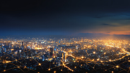 Naklejka premium Night lights, a city of modern business and smart digital innovation with a network of interconnected rewards over the cityscape of the future smart wireless digital city and social media network 