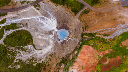 Aerial View of Geothermal Hot Spring and Vibrant Terrain in Iceland