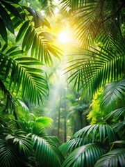 Fototapeta premium Tropical forest with sunlight filtering through the leaves and branches of trees in soft focus