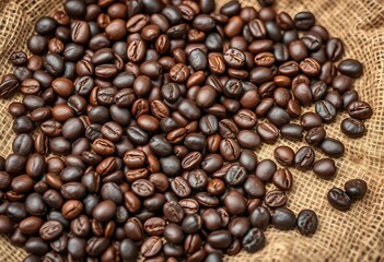Fototapeta premium Dark roasted coffee beans scattered on burlap sack, vintage, dark roast