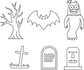 Halloween spooky line art, bare tree silhouette, flying bat, scary ghost character, tombstones with RIP, Halloween spooky decorations, Halloween icons outline