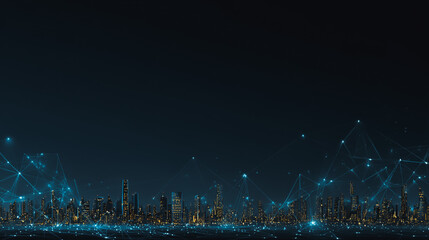 Night lights, a city of modern business and smart digital innovation with a network of interconnected rewards over the cityscape of the future smart wireless digital city and social media network 