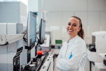 Smiling laboratory professional working with data in a modern clean room