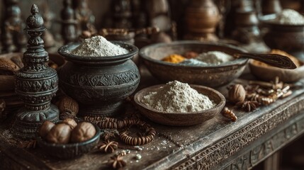 Exotic Spices Still Life Arrangement on Ornate Wooden Surface Still Life