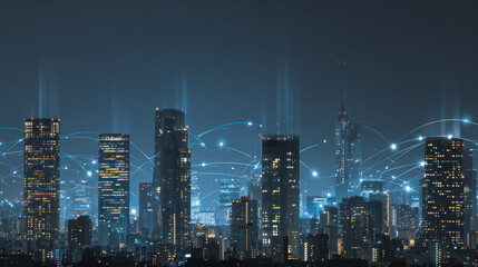 Night lights, a city of modern business and smart digital innovation with a network of interconnected rewards over the cityscape of the future smart wireless digital city and social media network 
