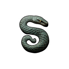 Fototapeta premium Green coiled snake shaped like S with detailed scale texture and golden eye, dramatic lighting and isolated on black