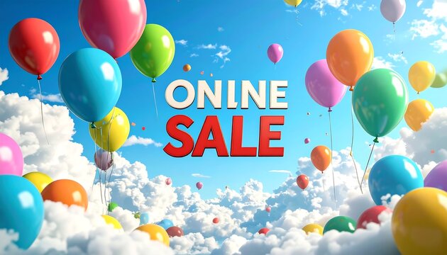 A vibrant advertisement against a bright sky. Colorful balloons float amidst fluffy clouds, with "ONLINE SALE" displayed in bold text. The scene evokes a sense of joy and promotion