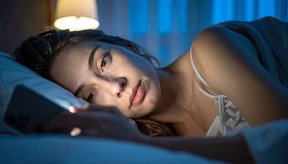 A woman lies awake in bed at night scrolling through her phone in dim lighting
