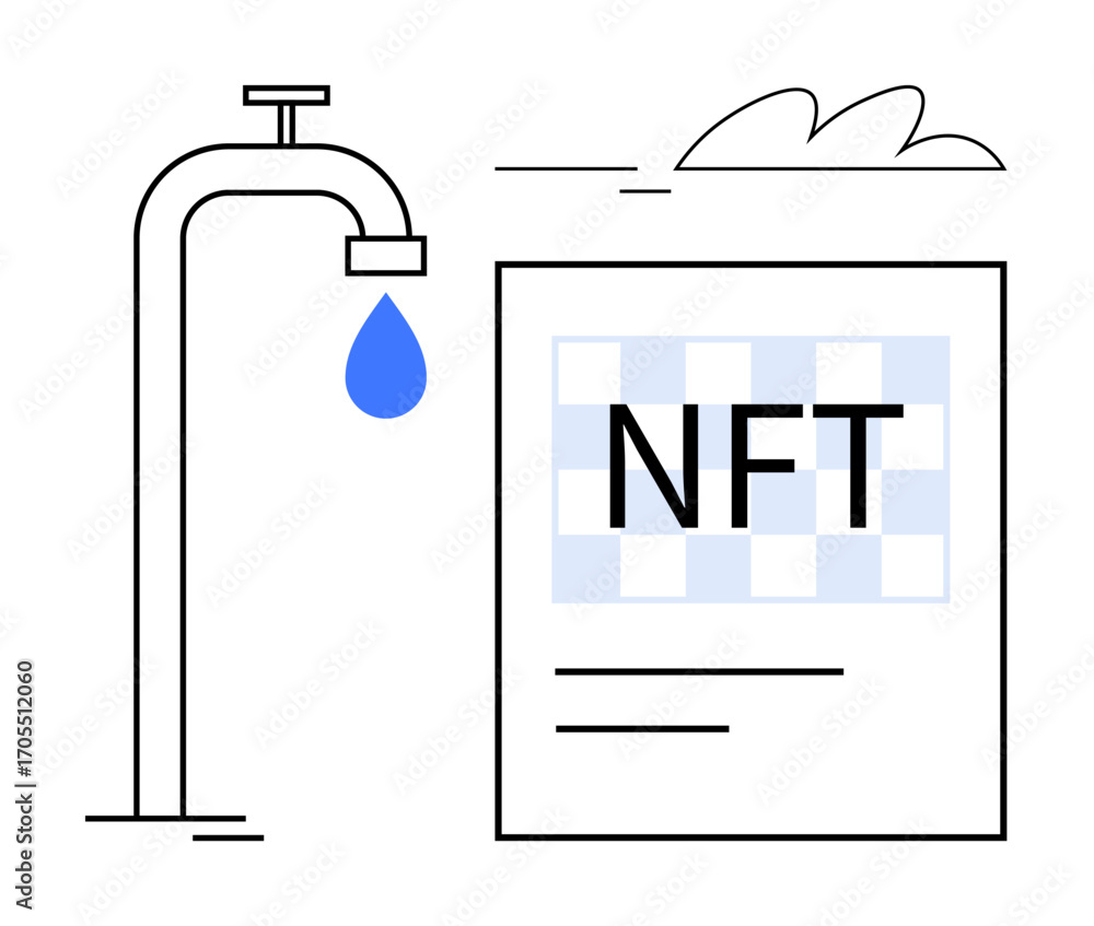 Poster faucet dripping water near an nft document, symbolizing digital asset scarcity and blockchain unique