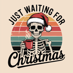 Funny Skeleton Christmas Illustration with Santa Hat and Coffee Mug Vintage Retro Design