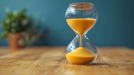 A glass hourglass with yellow sand flowing symbolizing the passage of time