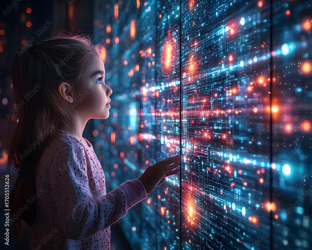 Aufkleber a young girl interacts with a vibrant glowing digital display filled with abstract data patterns
