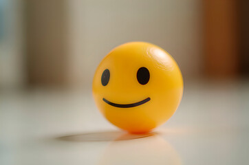 Yellow Smiley Face Emoji Ball on White Surface with Shallow Dept