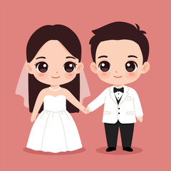 Happy cartoon bride and groom vector illustration with their children, family, and a heart design, expressing their love